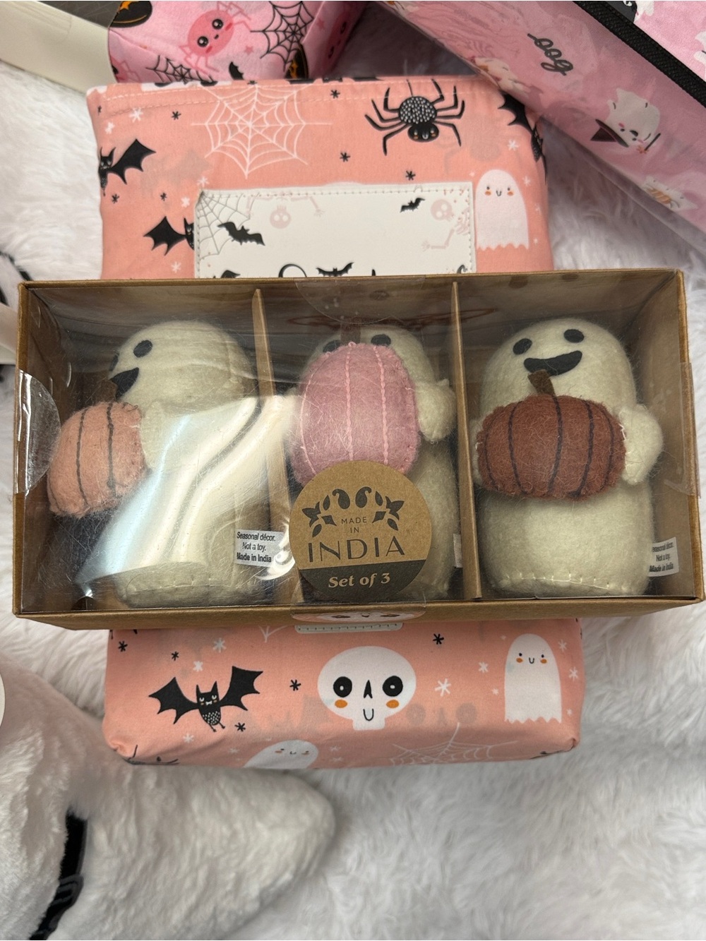 Handmade Felt Ghost Toy Set with Pumpkins - Pink & Brown